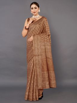 Akhilam - Womens Bhagalpuri Silk Brown Printed Celebrity Saree with Unstitched Blouse