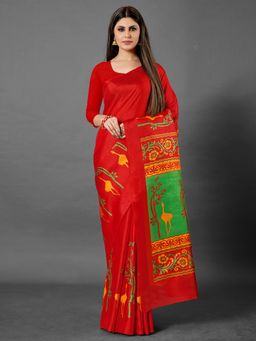 Akhilam - Womens Bhagalpuri Silk Red Printed Celebrity Saree with Unstitched Blouse