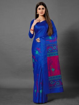 Akhilam - Womens Bhagalpuri Silk Blue Printed Celebrity Saree with Unstitched Blouse