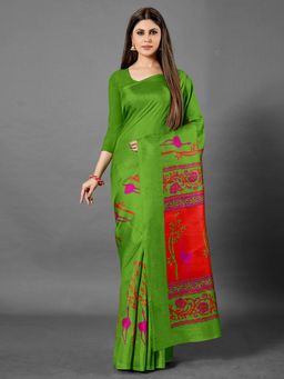 Akhilam - Womens Bhagalpuri Silk Green Printed Celebrity Saree with Unstitched Blouse