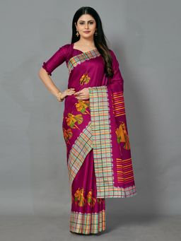 Akhilam - Womens Bhagalpuri Silk Magenta Printed Celebrity Saree with Unstitched Blouse