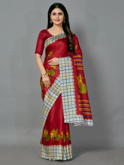 Akhilam - Womens Bhagalpuri Silk Maroon Printed Celebrity Saree with Unstitched Blouse