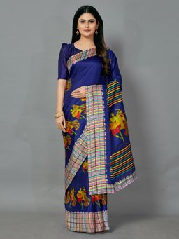 Akhilam - Womens Bhagalpuri Silk Navy Blue Printed Celebrity Saree with Unstitched Blouse