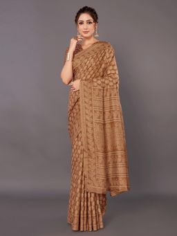 Akhilam - Womens Bhagalpuri Silk Brown Printed Designer Saree with Unstitched Blouse