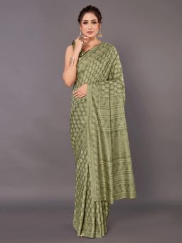 Akhilam - Womens Bhagalpuri Silk Olive Printed Designer Saree with Unstitched Blouse