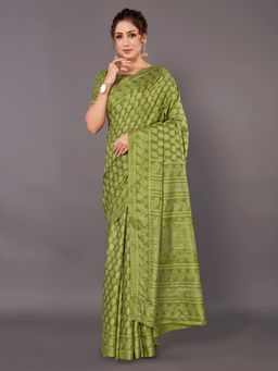 Akhilam - Womens Bhagalpuri Silk Olive Printed Designer Saree with Unstitched Blouse
