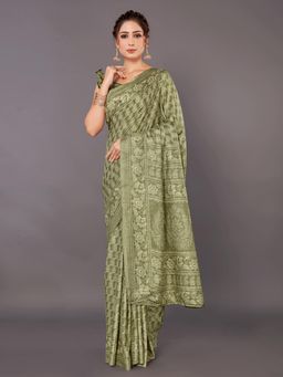 Akhilam - Womens Bhagalpuri Silk Olive Printed Designer Saree with Unstitched Blouse
