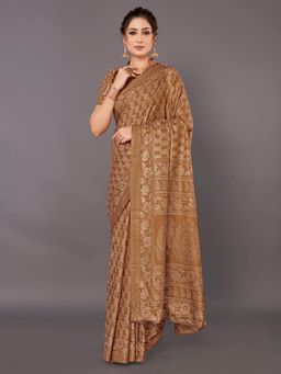 Akhilam - Womens Bhagalpuri Silk Brown Printed Designer Saree with Unstitched Blouse