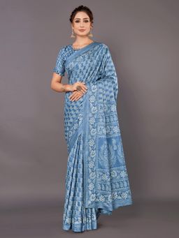 Akhilam - Womens Bhagalpuri Silk Blue Printed Designer Saree with Unstitched Blouse
