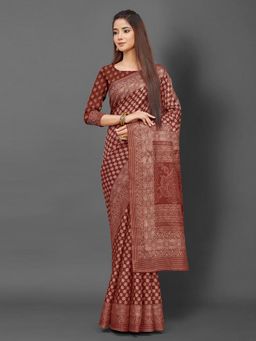 Akhilam - Womens Bhagalpuri Silk Brown Printed Celebrity Saree with Unstitched Blouse