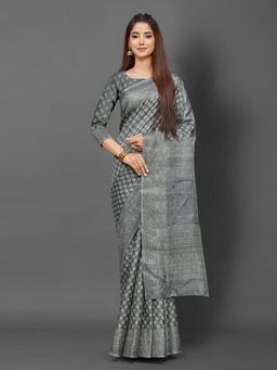 Akhilam - Womens Bhagalpuri Silk Grey Printed Celebrity Saree with Unstitched Blouse