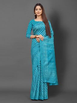 Akhilam - Womens Bhagalpuri Silk Blue Printed Celebrity Saree with Unstitched Blouse