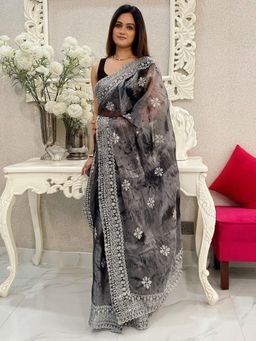 Akhilam - Womens Organza Charcoal Grey Embroidered Designer Saree with Unstitched Blouse