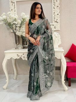 Akhilam - Womens Organza Green Embroidered Designer Saree with Unstitched Blouse