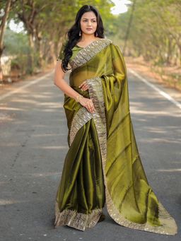 Akhilam - Womens Organza Olive Embroidered Designer Saree with Unstitched Blouse