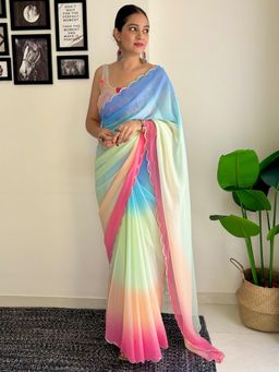 Akhilam - Womens Georgette Multicolored Solid Designer Saree with Unstitched Blouse