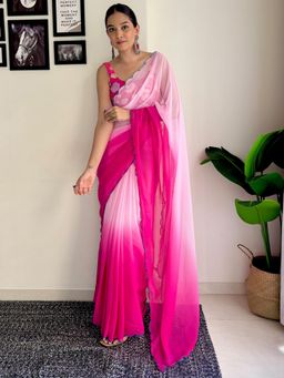 Akhilam - Womens Georgette Pink Solid Designer Saree with Unstitched Blouse