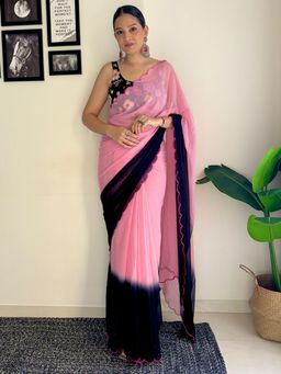 Akhilam - Womens Georgette Pink Solid Designer Saree with Unstitched Blouse