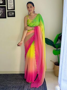 Akhilam - Womens Georgette Multicolored Solid Designer Saree with Unstitched Blouse