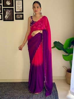 Akhilam - Womens Georgette Purple Solid Designer Saree with Unstitched Blouse