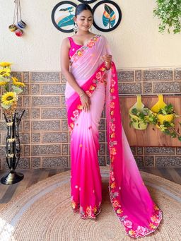 Akhilam - Womens Georgette Pink Embroidered Designer Saree with Unstitched Blouse