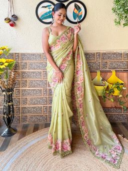 Akhilam - Womens Nylon Light Green Embroidered Designer Saree with Unstitched Blouse