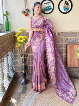 Akhilam - Womens Nylon Mauve Embroidered Designer Saree with Unstitched Blouse