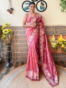 Akhilam - Womens Nylon Pink Embroidered Designer Saree with Unstitched Blouse