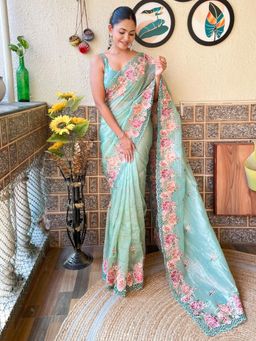 Akhilam - Womens Nylon Sea Green Embroidered Designer Saree with Unstitched Blouse