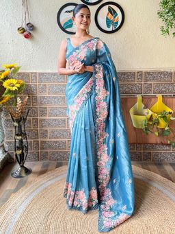 Akhilam - Womens Nylon Teal Blue Embroidered Designer Saree with Unstitched Blouse