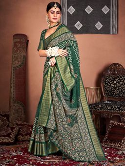 Akhilam - Womens Silk Blend Green Embroidered Designer Saree with Unstitched Blouse