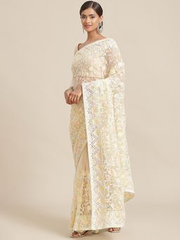 Akhilam - Womens Net Cream Embroidered Designer Saree with Unstitched Blouse