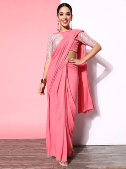 Akhilam - Womens Lycra Blend Pink Solid Ready To Wear Saree with Unstitched Blouse