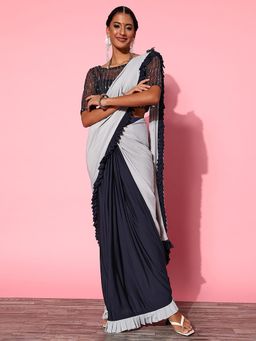 Akhilam - Womens Lycra Blend Grey Solid Ready To Wear Saree with Unstitched Blouse