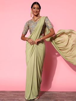 Akhilam - Womens Lycra Blend Green Solid Ready To Wear Saree with Unstitched Blouse