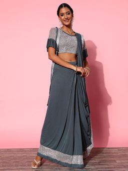 Akhilam - Womens Lycra Blend Grey Embellished Ready To Wear with Unstitched Blouse