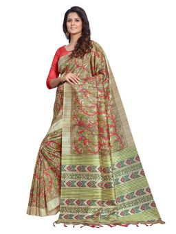Akhilam - Womens Manipuri Silk Beige Digital Print Designer Saree with Unstitched Blouse