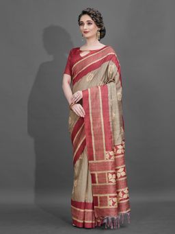 Akhilam - Womens Manipuri Silk Beige Digital Print Designer Saree with Unstitched Blouse