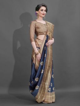 Akhilam - Womens Manipuri Silk Navy Blue Digital Print Designer Saree with Unstitched Blouse