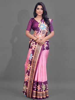 Akhilam - Womens Manipuri Silk Pink Digital Print Designer Saree with Unstitched Blouse