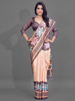 Akhilam - Womens Manipuri Silk Beige Digital Print Designer Saree with Unstitched Blouse