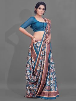 Akhilam - Womens Manipuri Silk Blue Digital Print Designer Saree with Unstitched Blouse