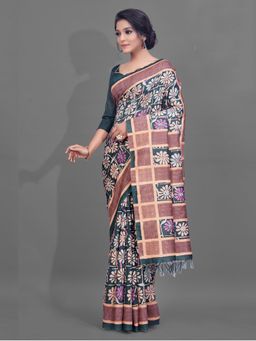 Akhilam - Womens Manipuri Silk Teal Green Digital Print Designer Saree with Unstitched Blouse