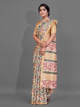 Akhilam - Womens Manipuri Silk Beige Digital Print Designer Saree with Unstitched Blouse