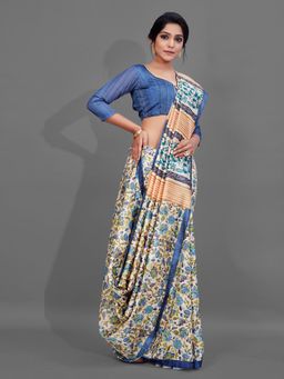 Akhilam - Womens Manipuri Silk Blue Digital Print Designer Saree with Unstitched Blouse