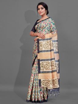 Akhilam - Womens Manipuri Silk Black Digital Print Designer Saree with Unstitched Blouse