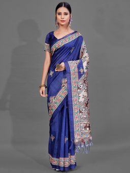 Akhilam - Womens Manipuri Silk Blue Digital Print Designer Saree with Unstitched Blouse