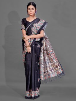 Akhilam - Womens Manipuri Silk Black Digital Print Designer Saree with Unstitched Blouse