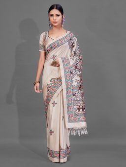 Akhilam - Womens Manipuri Silk Beige Digital Print Designer Saree with Unstitched Blouse