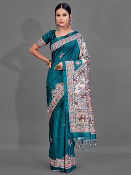 Akhilam - Womens Manipuri Silk Teal Blue Digital Print Designer Saree with Unstitched Blouse